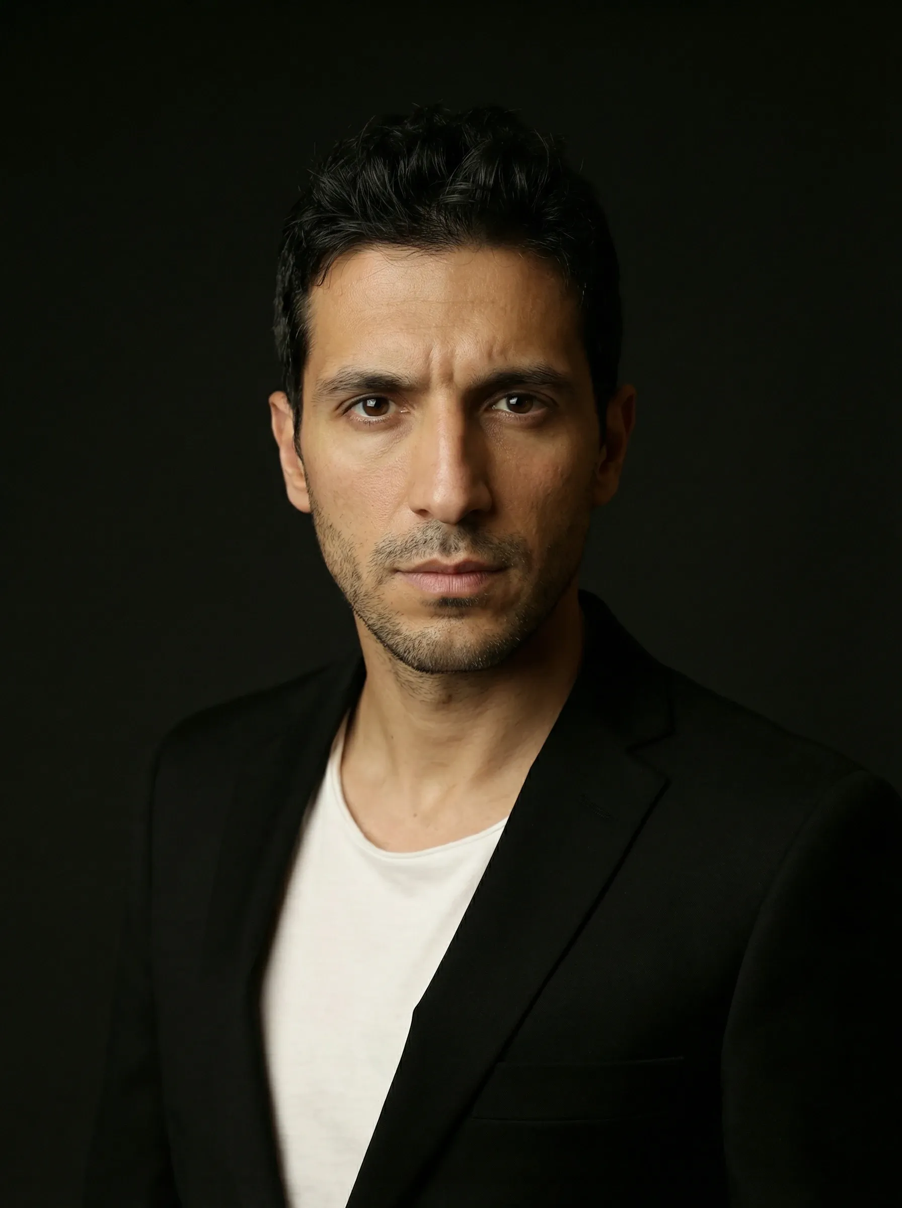 AI LinkedIn headshot — man in a black blazer and white crew neck against a dark studio background